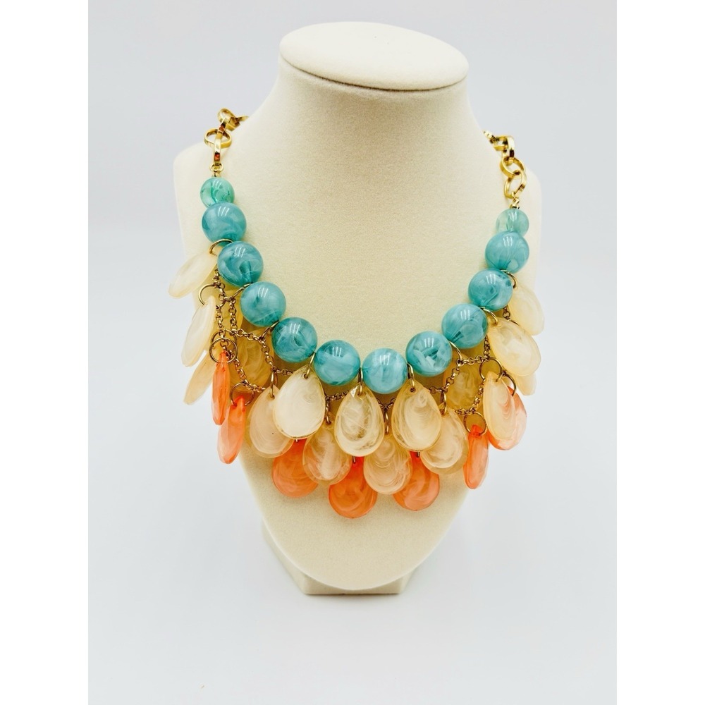 Statement Bib Necklace Aqua Beads Orange Teardrop Dangles Gold Tone Boho